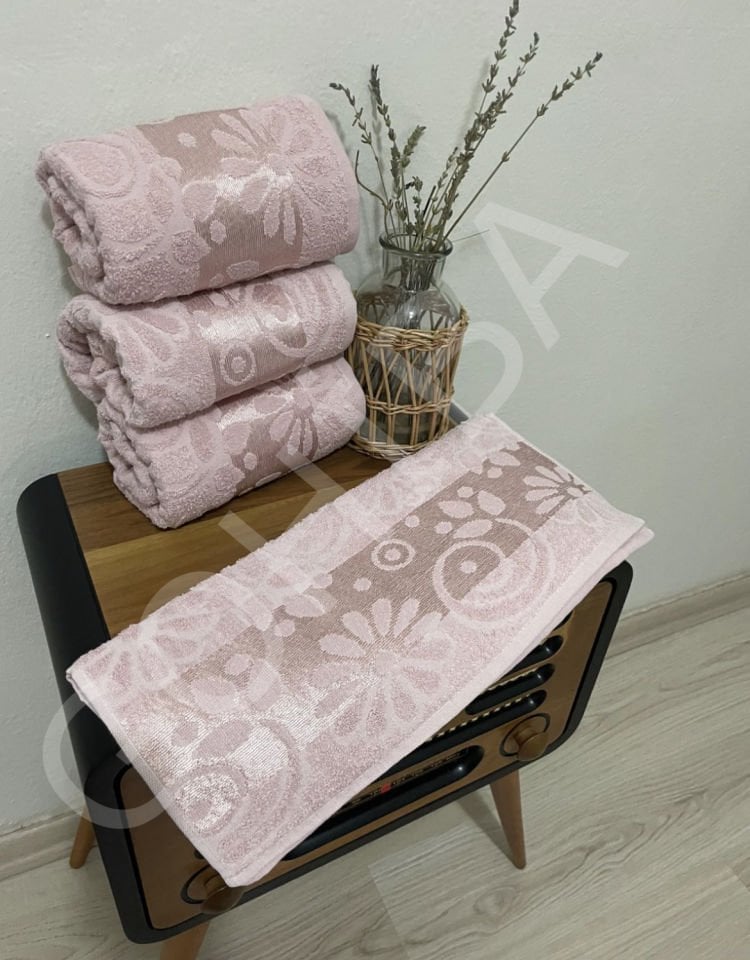 Flower Jakarlı %100 Pamuklu Dokuma El ve Yüz Havlusu pudra