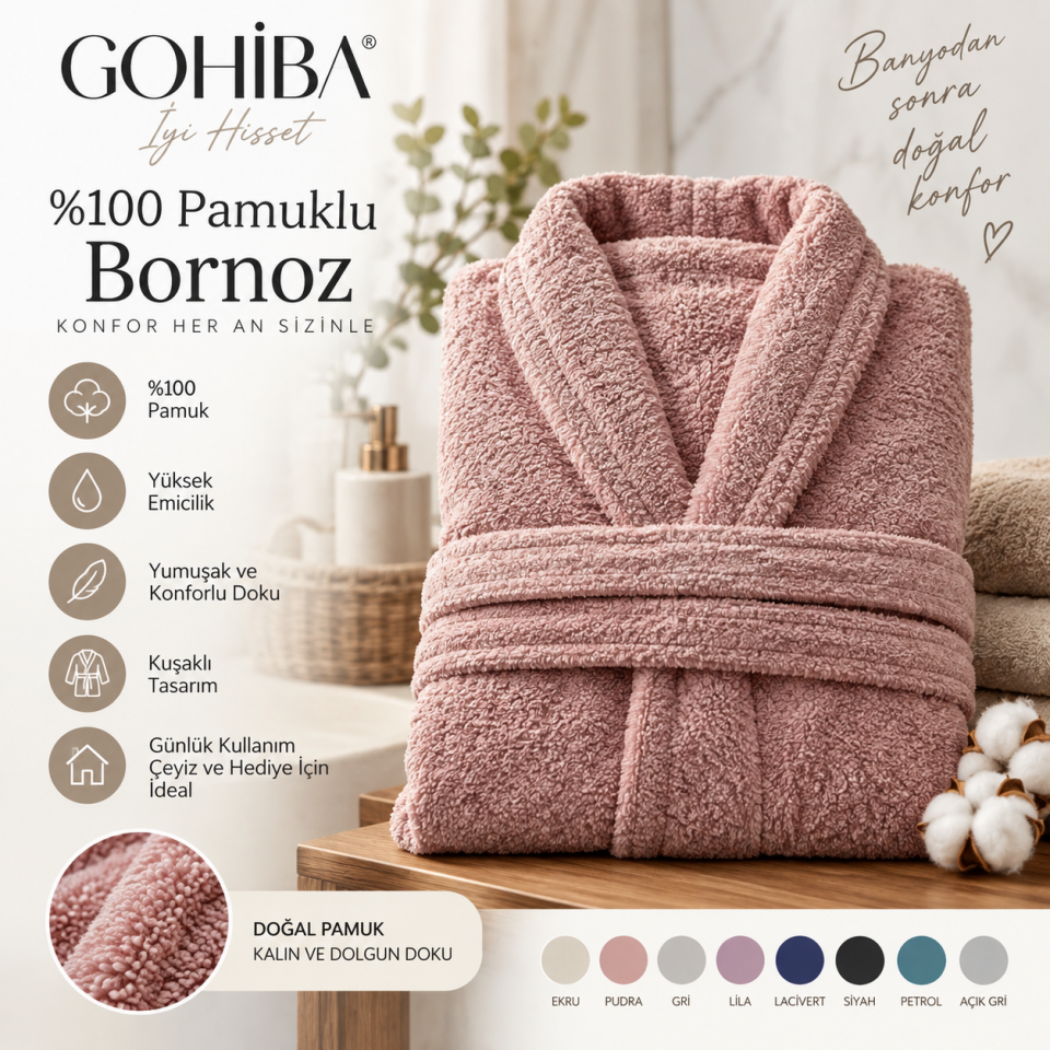 GOHİBA %100 Pamuklu Bornoz – Kalın ve Yüksek Emicilik