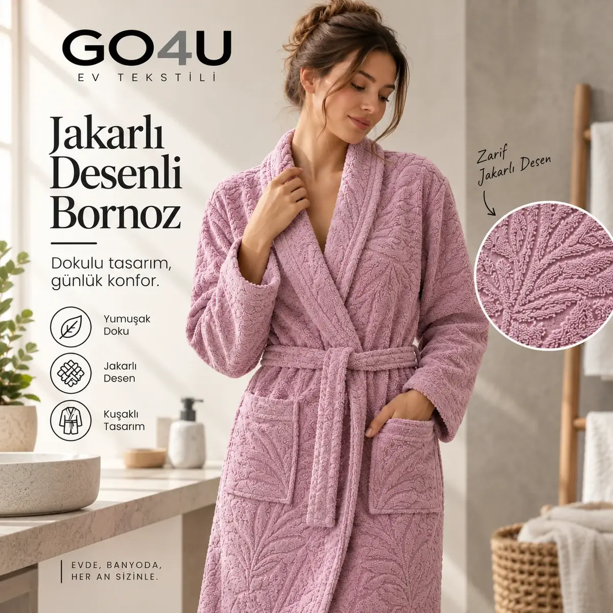 Jakarlı Bornoz – Desenli, Kalın ve Yüksek Emicilik