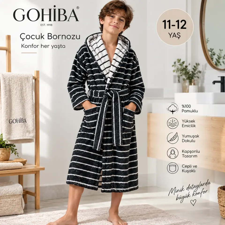 11-12 Yaş Çocuk Bornozu – Kapşonlu Çizgili Model