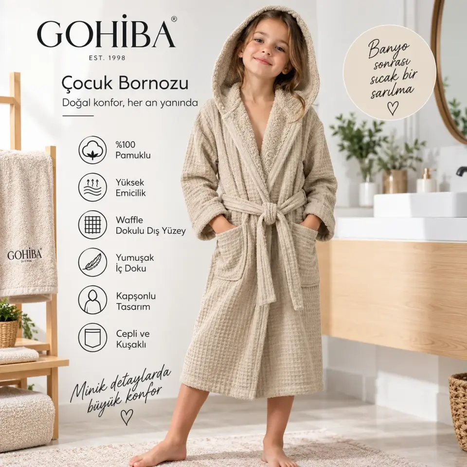 Çocuk Bornozu – Kapşonlu Waffle Dokulu Pamuklu Model