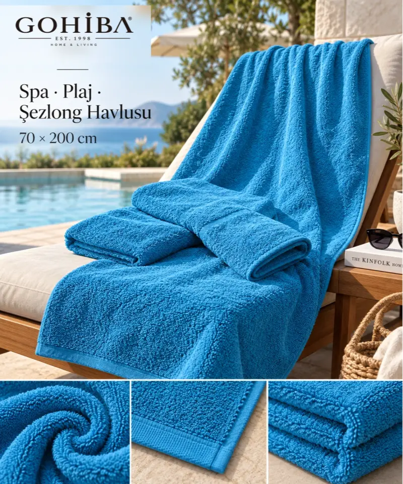 GOHİBA 70x200 cm Pamuklu Spa Havlusu – Plaj ve Şezlong Havlusu Mavi