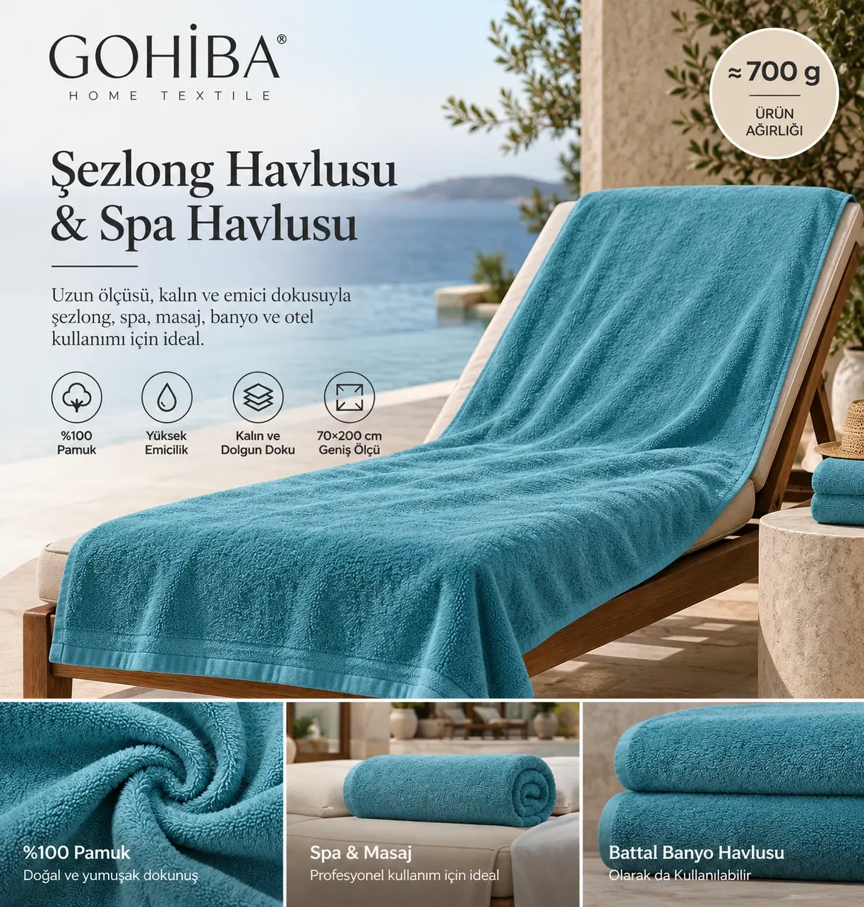 Şezlong Havlusu & Spa Havlusu – %100 Pamuk 70×200 cm | 700 g
